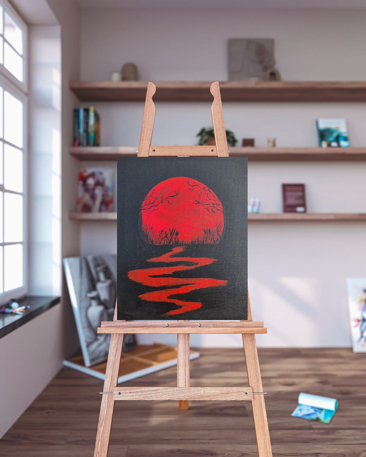 Blood Moon Serenity – Handmade Painting | A captivating artwork featuring a glowing blood moon casting its serene light over a tranquil landscape, perfect for moody and atmospheric decor.