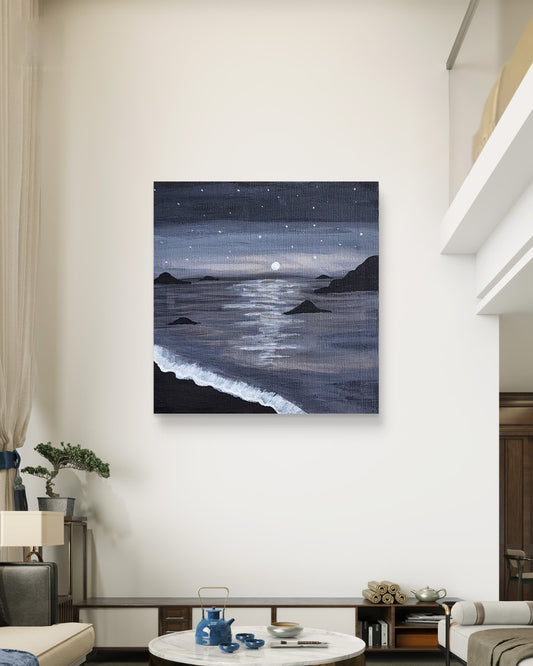 Moonlit Serenity – Handmade Night Ocean Painting | A mesmerizing artwork capturing the peaceful glow of the moon over tranquil ocean waves, perfect for a calming ambiance.