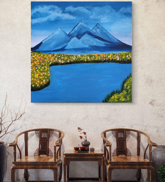 Serene Mountain Escape – Handmade Landscape Painting | A breathtaking artwork showcasing peaceful mountains and a tranquil atmosphere, perfect for nature-inspired decor.